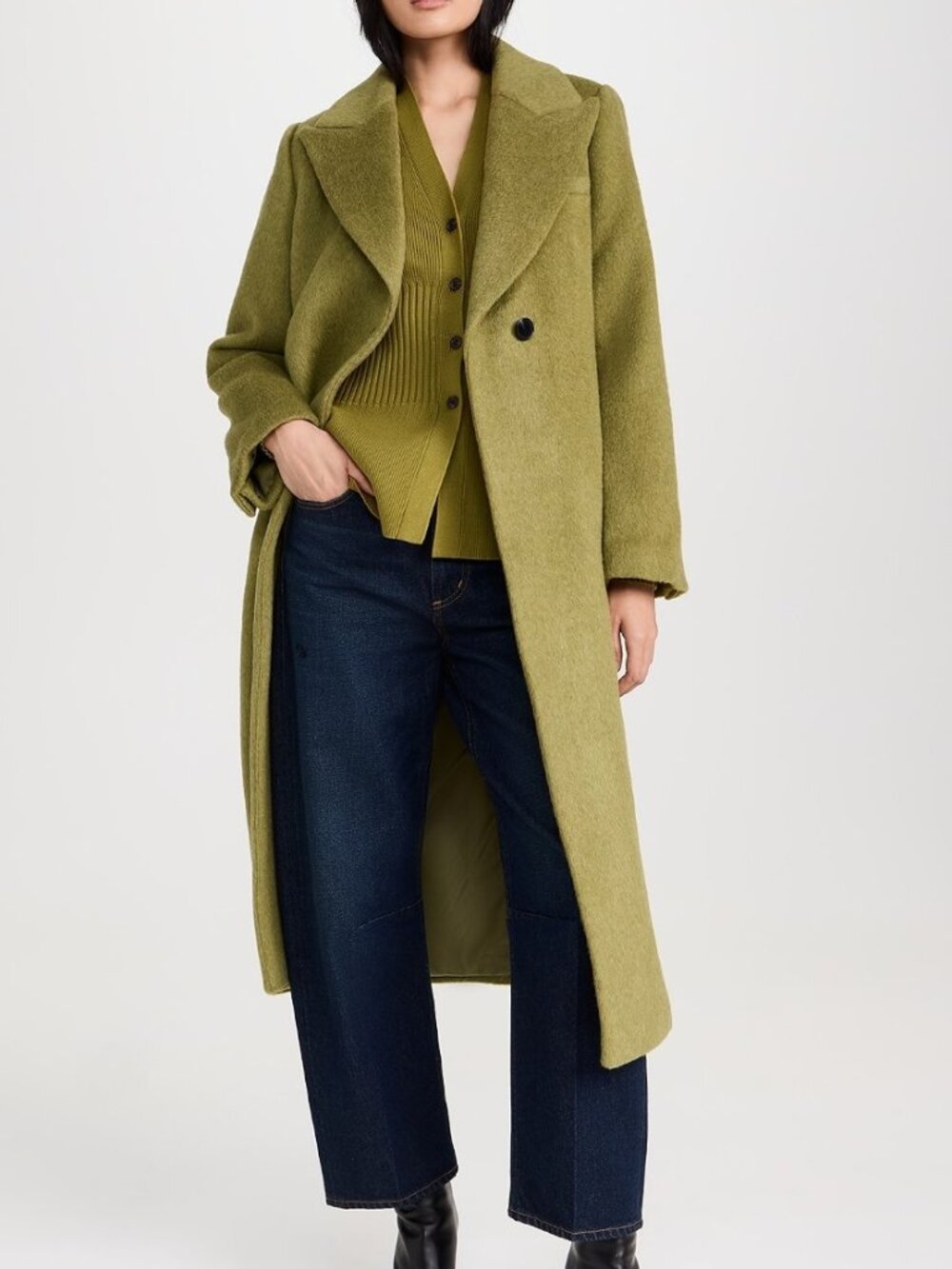 Elegant Eye-Catching Olive Green Wool Blend Coat From Aligne - Picture 3 of 11